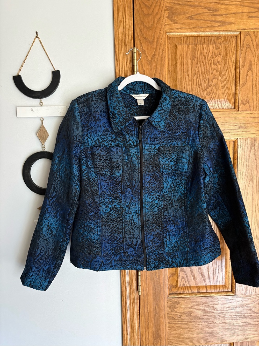 Christopher & Banks Women's Blue Patterned Zip-Front Jacket Blazer